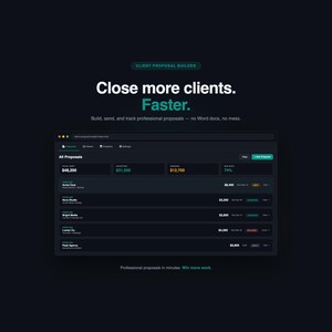 Puede incluir: Fondo oscuro con el texto "CLIENT PROPOSAL BUILDER" y "Close more clients. Faster." Una interfaz de software muestra datos de propuestas, incluidos los importes aceptados y pendientes. La interfaz es oscura con texto blanco y verde.