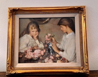 Vintage Windsor-konst inramad impressionistisk tryckning arrangerande rosor efter Sir George Clausen