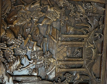 Stolik kawowy z orzecha włoskiego w stylu vintage: ręcznie rzeźbiony azjatycki krajobraz, szklany blat, ukryta szuflada