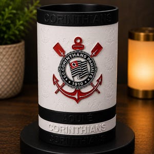 May include: A white and black Corinthians-themed tumbler. The tumbler displays the Corinthians emblem in red and white, with the text "CORINTHIANS" and "AQUI &Eacute; CORINTHIANS" in white. The tumbler is set on a black base.