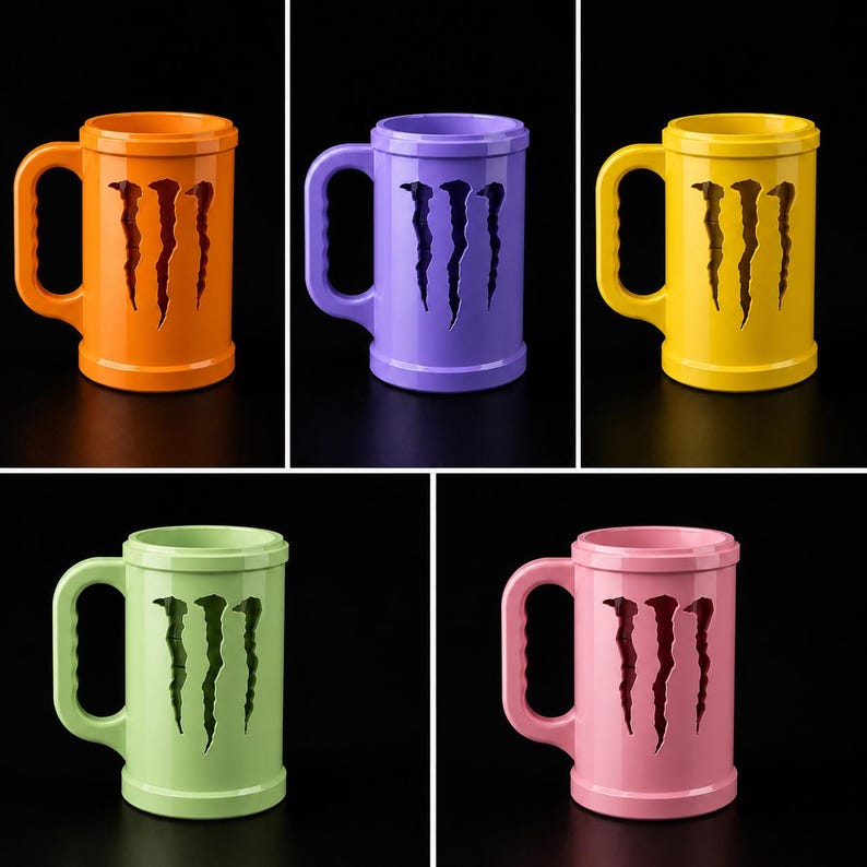 May include: A set of five cylindrical mugs in orange, purple, yellow, light green, and pink. Each mug features a prominent cutout of the Monster Energy logo on the front and includes a sturdy side handle with a textured grip for easy holding.
