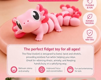 Juguete antiestrés articulado Flexi Axolotl / Juguete sensorial / Ayuda para la ansiedad / Compañero de escritorio / Regalo para niños y adultos