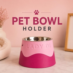 May include: A conical pet bowl holder featuring a two-tone design with a light pink upper section and a dark magenta lower section. The name LADY DI is embossed on the front. A stainless steel bowl is inserted into the top of the holder.