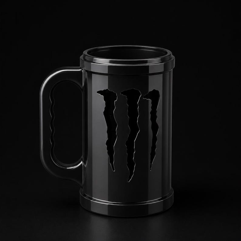 Puede incluir: Una taza cil&iacute;ndrica de color negro brillante que presenta un gran dise&ntilde;o recortado vertical del logotipo de Monster Energy en la parte frontal. La taza tiene un asa curva gruesa en el lateral y un borde elevado tanto en la parte superior como en la base.