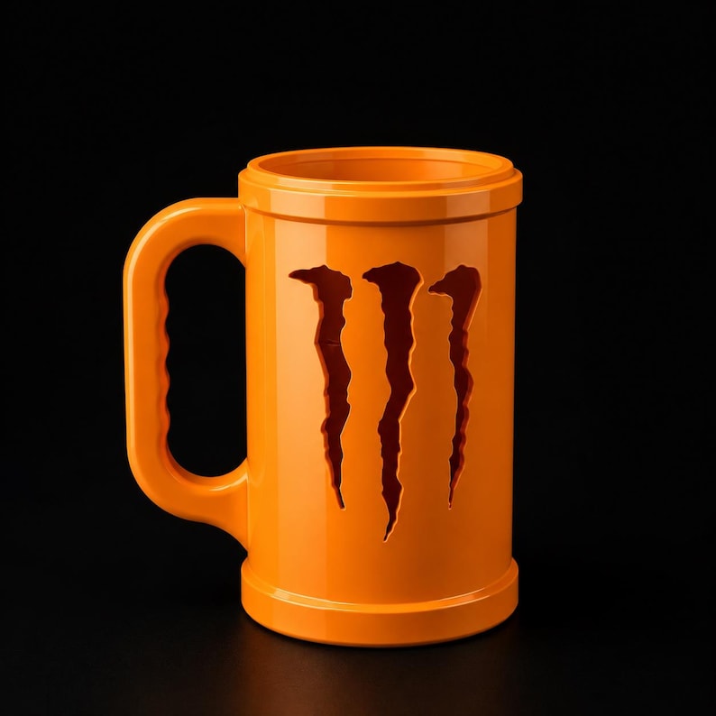 May include: A bright orange cylindrical mug featuring a cutout of the Monster Energy logo on the front. The mug has a thick, sturdy handle with a grooved grip and a smooth, glossy finish. The design is uniform in color with a wide, open top rim.