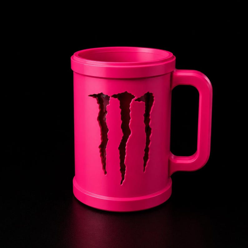 Puede incluir: Una taza de color rosa brillante que presenta un dise&ntilde;o recortado de tres marcas de garras verticales en la parte frontal. La taza tiene un cuerpo cil&iacute;ndrico con un borde grueso y un asa rectangular resistente en el lateral.