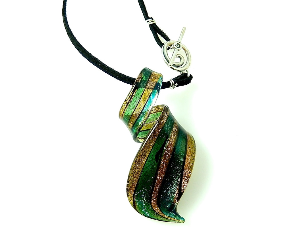 Collier Pendentif En Verre Murano Doré Et Noir Style Klimt - Cordon Noir - Neuf Sans Emballage