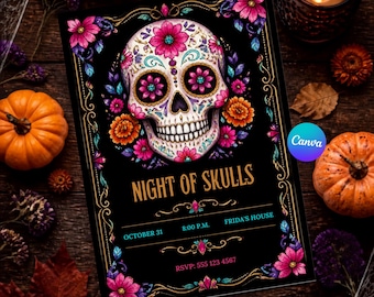 May include: A rectangular invitation card with a black background featuring a central sugar skull decorated with pink and orange flowers. The text reads NIGHT OF SKULLS, OCTOBER 31, 8:00 P.M., FRIDA'S HOUSE, and RSVP: 555 123 4567, framed by ornate gold borders.