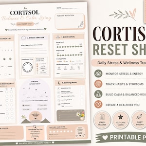 Può includere: Un foglio stampabile per il reset del cortisolo con un tracker giornaliero dello stress e del benessere. Il documento include sezioni per i check-in mattutini, il monitoraggio dello stress, i segnali corporei e gli obiettivi quotidiani.
