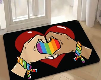 Pride Regenbogen Fußmatte, LGBT Willkommensmatte für Eingang, Herz Hände Indoor Outdoor Teppich, Buntes Haustürdekor