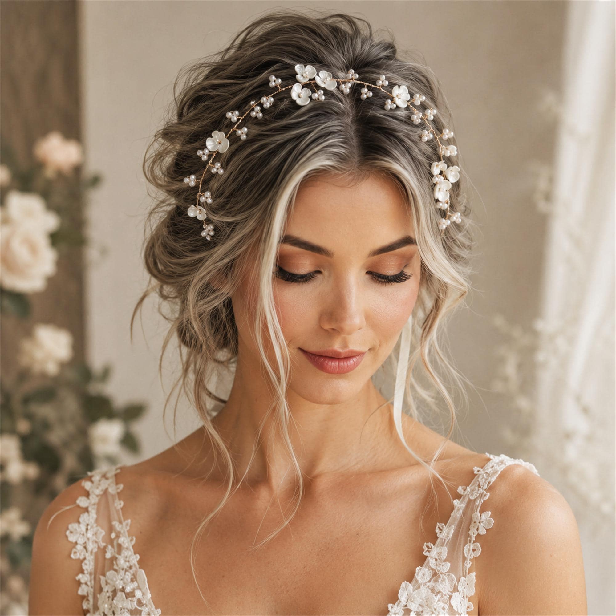 Bridal Pearl Flower Headband, Handmade Floral Wedding Hair 