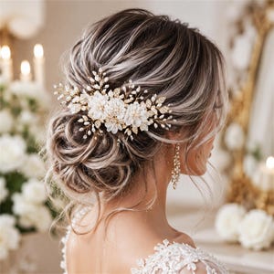 May include: A gold-toned hair comb featuring three white fabric flowers, small clear crystals, and tiny white pearls arranged on thin metallic branches. The decorative hair accessory is positioned in a styled updo, complemented by a long gold earring.
