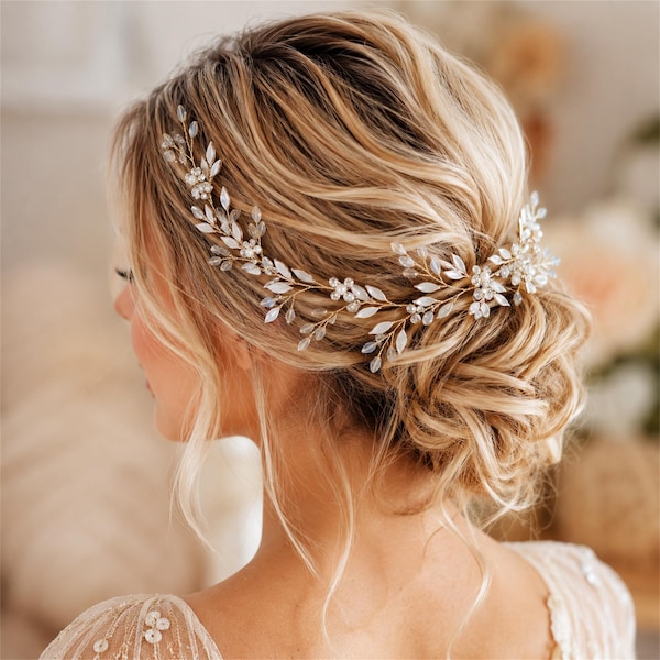 Adorno para el cabello de novia, tocado de boda de perlas y cristal, accesorio para el cabello floral de hojas plateadas, diadema nupcial bohemia, accesorio para el cabello de dama de honor
