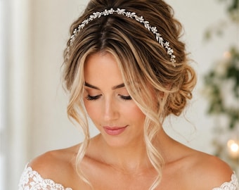 Crystal Leaf Bridal Hair Vine, Gold Silver Wedding Headband, Pearl Flower Hair Accessory, Boho Bride Headpiece