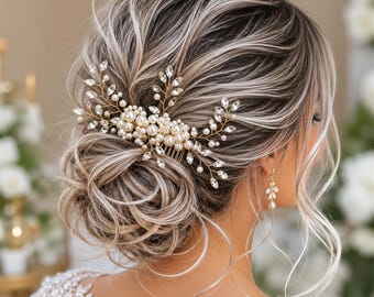 Peineta nupcial de perlas, tocado nupcial de cristal, accesorio para el cabello con hojas de plata, tocado nupcial vintage, peineta nupcial de perlas para la novia
