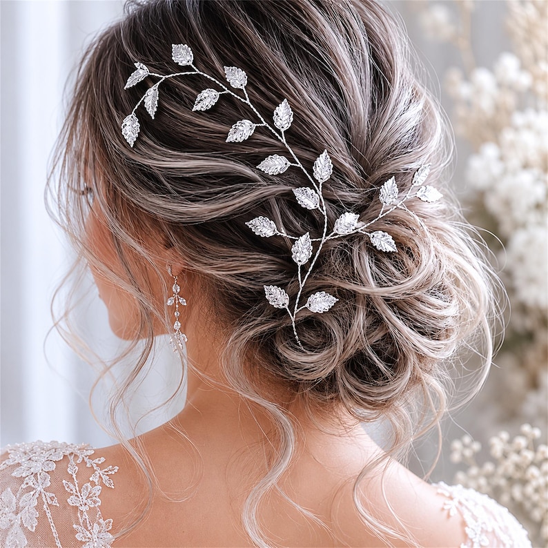 Brudbladshårranka, Guld- och silverhårsmycke för bröllop, Boho-håraccessoar för brud, Elegant hårgirlang för bröllop - Proms bild 1