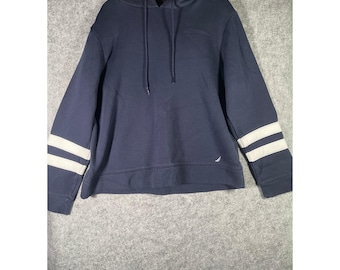 Nautica Mens Navy Blue Pullover Hoodie Varsity Stripe Sleeve J-Class Logo
