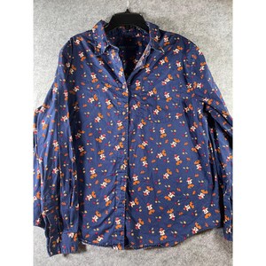 Karen Scott Womens Navy Blue Fall Scarecrow Pumpkin Cotton Button Down Shirt L