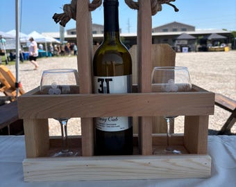 Rustic Wooden Wine Carrier Gift Set – Handmade Wine Bottle & Glass Caddy with Rope Handle
