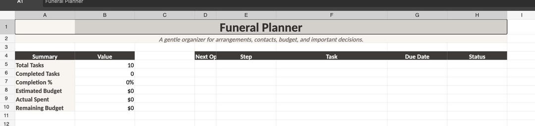Funeral Planner Excel Spreadsheet, Memorial Service Checklist, Funeral ...