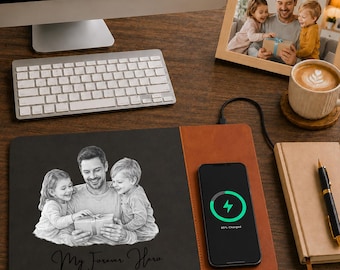 Personalized PU Leather Mouse Pad with Phone Charger Custom Anniversary Gift Custom Charger Pad For Husband Dad, Office Husband Desk Decor