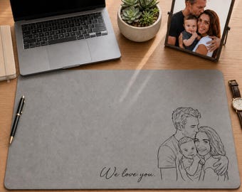 Personalized Photo Leather Desk Mat, Custom Line Art Mouse Pad for Dad, Father’s Day Gift for Husband, Daddy Picture Desk Pad Mouse Mat