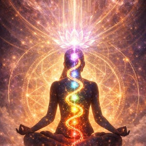 May include: A silhouette of a person in a seated meditation pose against a cosmic background. A glowing, multi-colored spiral of light ascends along the spine, connecting seven distinct energy centers, topped by a radiant lotus flower icon.