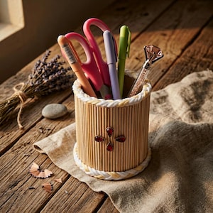 Handmade Wooden Sticks Pencil Holder - Rustic Desk Organizer, Eco Friendly Office Storage, Natural Boho Desk Decor, Artist Pen Caddy