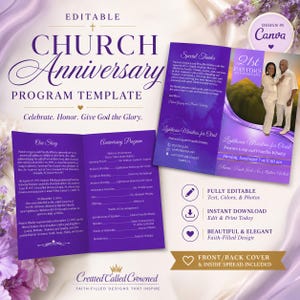 May include: A purple church anniversary program template with the text "Church Anniversary Program Template" and "Celebrate. Honor. Give God the Glory." The design includes a photo of two people and the text "21st Pastors Anniversary."