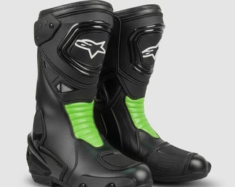 Handmade  Alpinestars  Green Racing Boots – Professional Leather Moto Shoes – Sport Bike Riding Gear – CE Approved Protective Biker Footwear