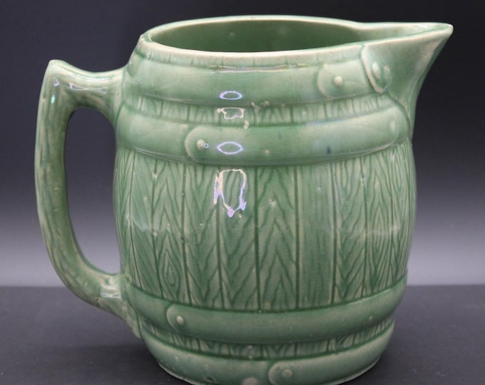 Vintage Nelson McCoy Green Glaze Banded Barrel Pitcher 6" 1-Quart