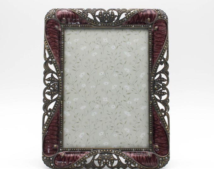 Vintage Victorian Style Purple Enamel Filigree Rhinestone Tabletop Picture Frame
