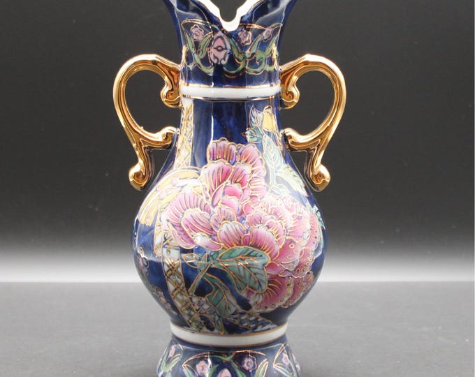 Vintage Cobalt Blue Porcelain Vase Gold Handles Pink Peony Raised Moriage