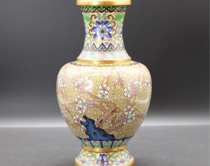 Vintage Jingfa Chinese Cloisonne Vase Beige Floral Plum Blossom Enamel Brass