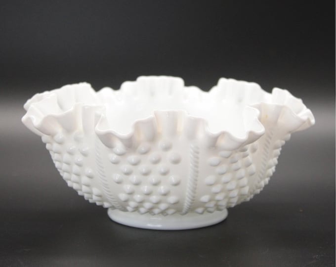 Vintage Fenton Art Glass Company Hobnail Ruffled White Milk Glass Bowl