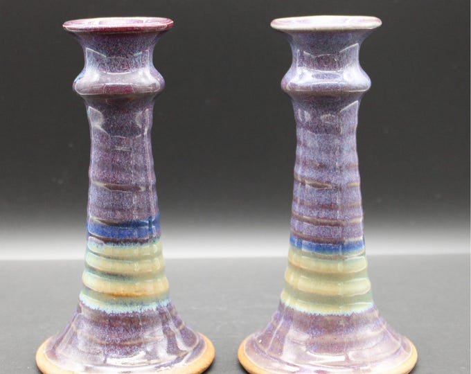 Pair of Vintage Purple Pottery Candle Holders Handmade Ceramic Taper Vibe Boho