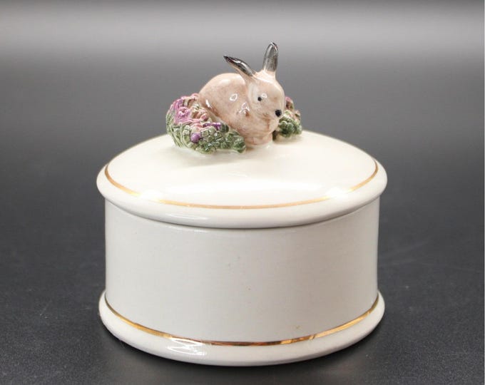 Vintage Hand-Painted Round Trinket Box with Bunny Rabbit on Lid