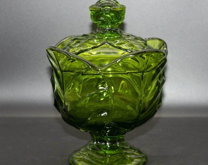 Vintage MCM Viking Glass Green Cabbage Leaf Pedestal Candy Dish Lidded