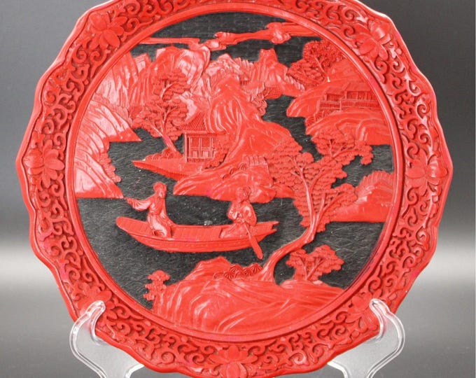 Vintage Chinese Carved Red Cinnabar and Black Lacquer Plate