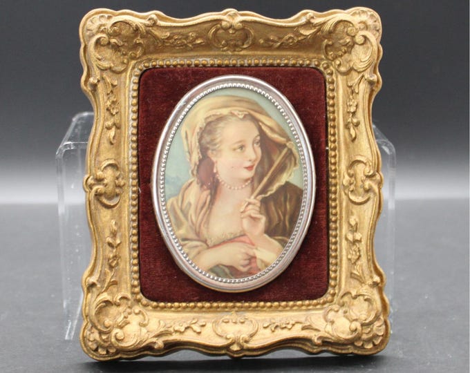 Vintage Cameo Creations Lady With A Fan Francois Boucher Ornate Gold Frame 1950s