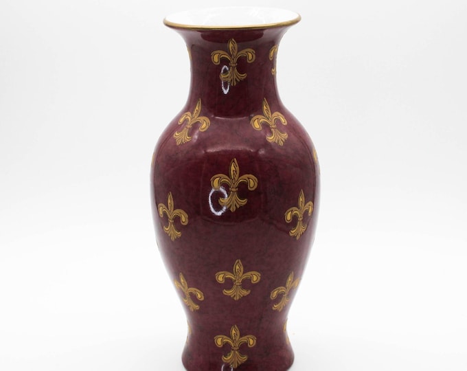 Vintage Andrea by Sadek Porcelain Vase Maroon Burgundy Gold Fleur de Lis