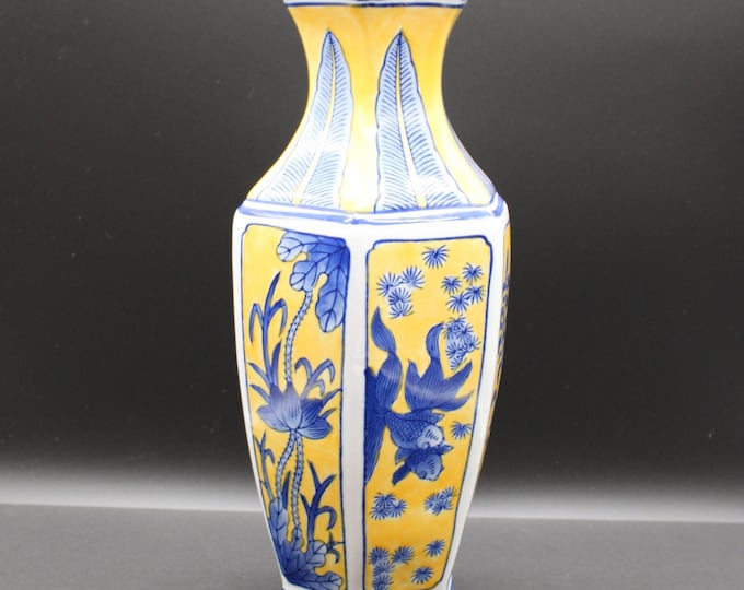 12" Chinoiserie Porcelain Vase Yellow Cobalt Blue Koi Fish Lotus Hexagonal