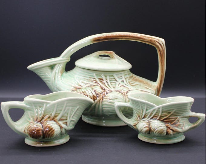 Vintage 1946 McCoy Pottery Pine Cone Teapot Creamer Sugar Set Green Brown MCM