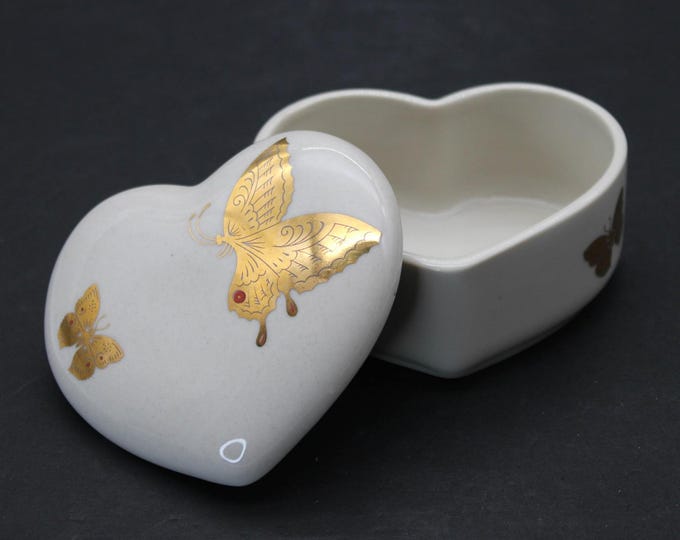 Vintage Takahashi San Francisco Porcelain Heart Trinket Box Gold Butterflies