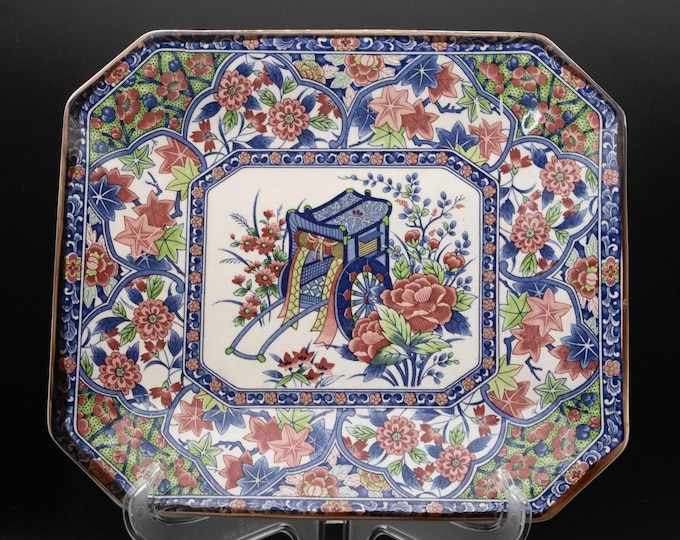 Vintage Japanese Imari Porcelain Platter Octagon Sushi Tray Rickshaw Peony