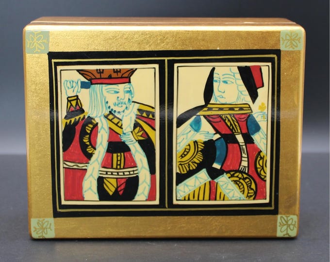 Vintage Gold Lacquered Wood Playing Cards Box Hand Painted King and Queen