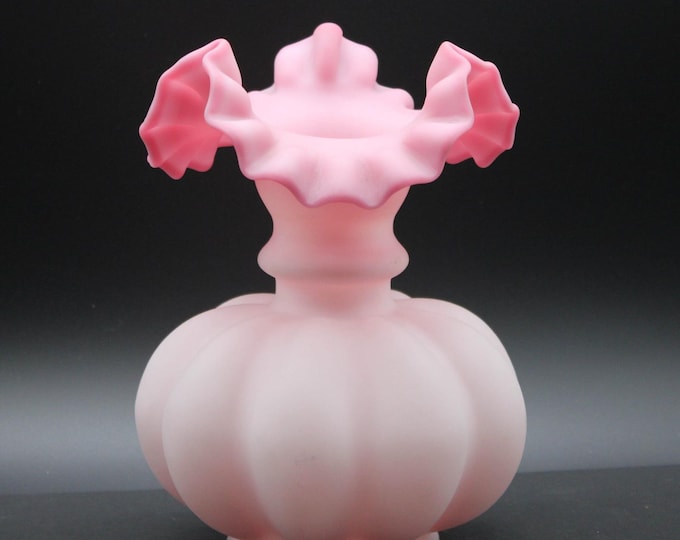 Vintage Fenton Pink Satin Glass Melon Vase - Signed by Scott K. Fenton