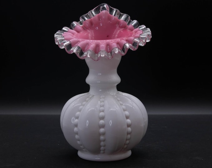 Vtg Fenton Peach Crest Beaded Melon Jack in Pulpit Vase 7" Silver Foil Sticker