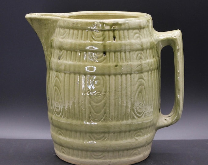 Vintage McCoy Yellow Ware Green Stoneware Barrel Pitcher