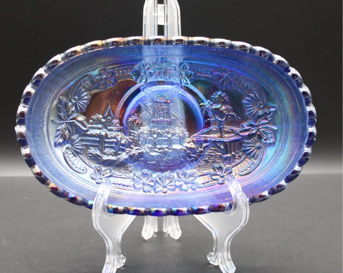 Vintage L.E. Smith Cobalt Blue Carnival Glass Windmill Oval Dresser Tray Dish
